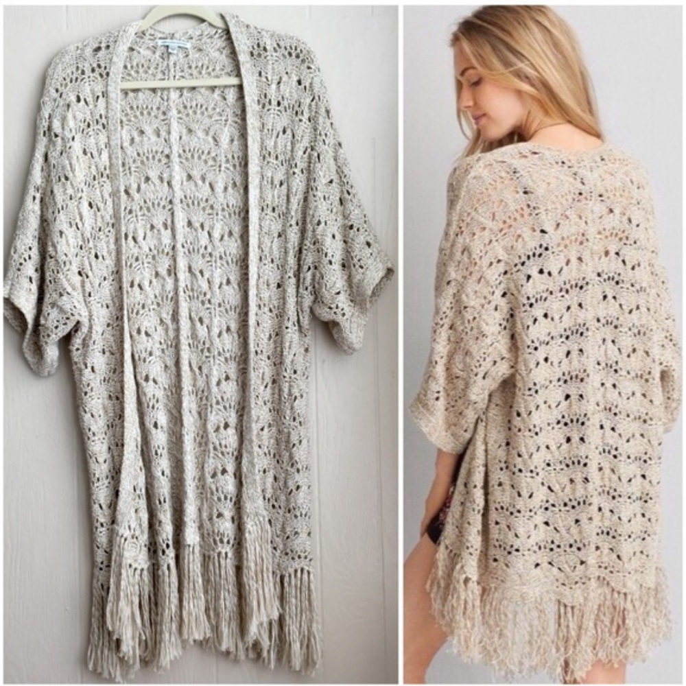 AE 3/4 Sleeve Crochet Fringe Kimono/Cardigan